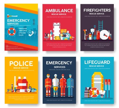 Firefighter, rafting, police, medicine rescue cards template set. Flat design icon of flyear, magazines, posters, book cover, banner. Emergency services layout concept pages with typography background