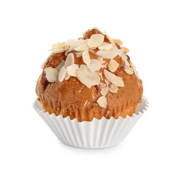 Tasty almond muffin on white background