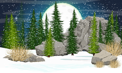 Big moon with craters in the night sky. Spruce forest, stones and mountains, dry grass. Valley covered with snow. Realistic winter vector landscape