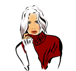 Hand drawn beautiful young woman in red sweater. Stylish girl, Fashion woman look. Sketch.