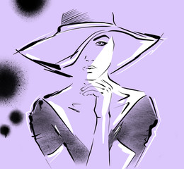 Hand drawn beautiful young woman in dress and big hat. Stylish girl, Fashion woman look. Sketch. Ultraviolet