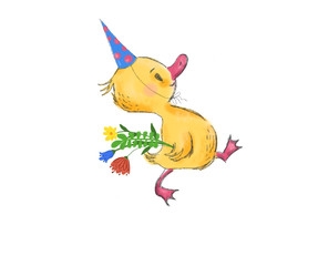 cute little duck with present bouquet, character, greeting card, banner, poster, illustration