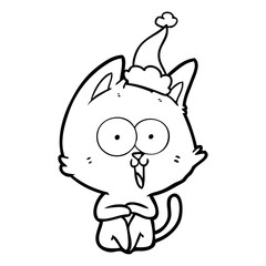 funny line drawing of a cat wearing santa hat