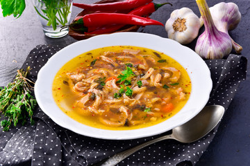 Traditional tripe soup in polish style with beef and vegetables