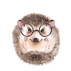 Cute hedgehog in glasses. Cartoon watercolor illustration © Gribanessa