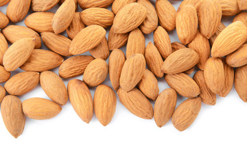 Tasty almonds on white background