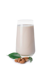 Glass of almond milk on white background