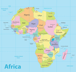 Africa map colorful, new political detailed map, separate individual states, with state city and sea names, blue background vector
