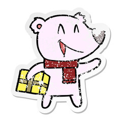 distressed sticker of a laughing christmas bear cartoon