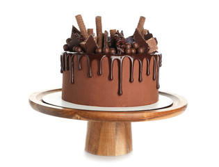 Tasty chocolate cake on white background