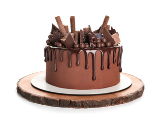 Tasty chocolate cake on white background