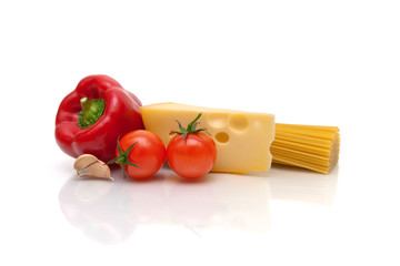 Pasta, cheese and vegetables on a white background