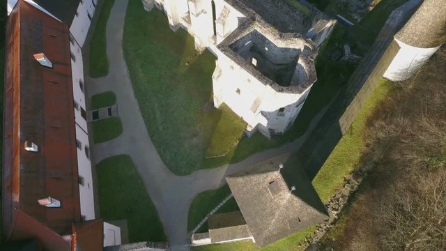 LOCE, SLOVENIA, 2019.01.25: Aerial: Ancient ruins of Zice monastery. Filming remainings of ancient French monastery on beautiful sunny winter morning.