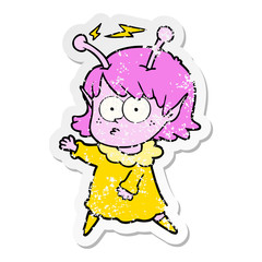 distressed sticker of a cartoon alien girl