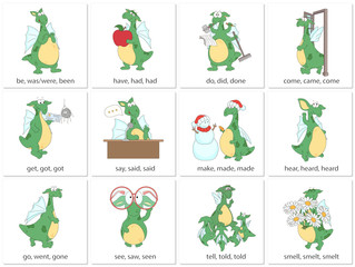Irregular english verbs with funny dragon