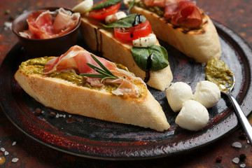 Fresh tasty bruschettas on plate