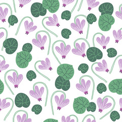 Seamless floral pattern with cyclamen and leaves on white background