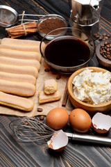 Tiramisu cake cooking - Savoiardi ladyfingers Biscuits, cheese and coffee