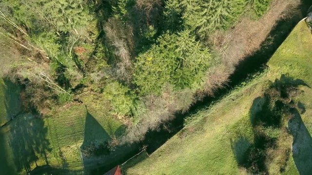 LOCE, SLOVENIA, 2019.01.25: Aerial: Flying over remainings of Zice monastery. Filming remainings of ancient French monastery Zicka kartuzija on beautiful sunny winter morning.