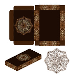 Gift wrapping box with golden mandala on a dark background. Vector