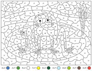 Cartoon frog and fly. Math activity worksheet. Multiplication table. Color by number educational game
