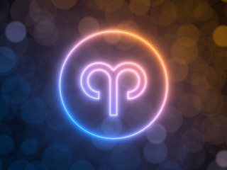 glowing neon sign of Aries with blurred bokeh background. 3d illustration