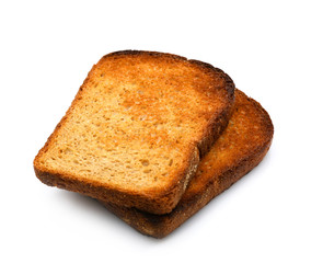 Slices of toasted bread on white background