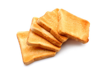 Slices of toasted bread on white background
