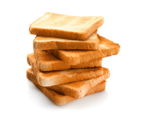 Slices of toasted bread on white background