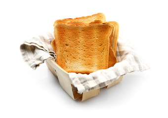 Box with slices of toasted bread on white background