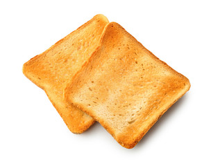 Slices of toasted bread on white background