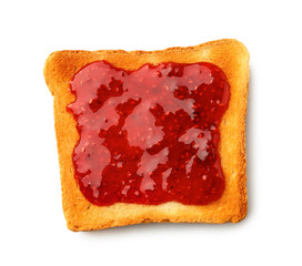 Slice of toasted bread with jam on white background