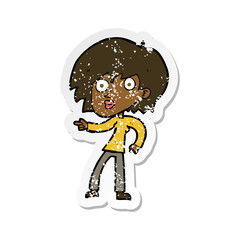 retro distressed sticker of a cartoon surprised woman pointing