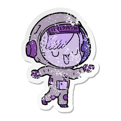 distressed sticker of a cartoon astronaut woman