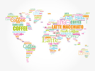 Fototapeta na wymiar Coffee drinks word cloud World Map, concept background