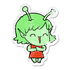 distressed sticker of a cartoon happy alien girl