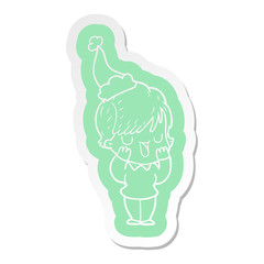 cartoon  sticker of a woman talking wearing santa hat