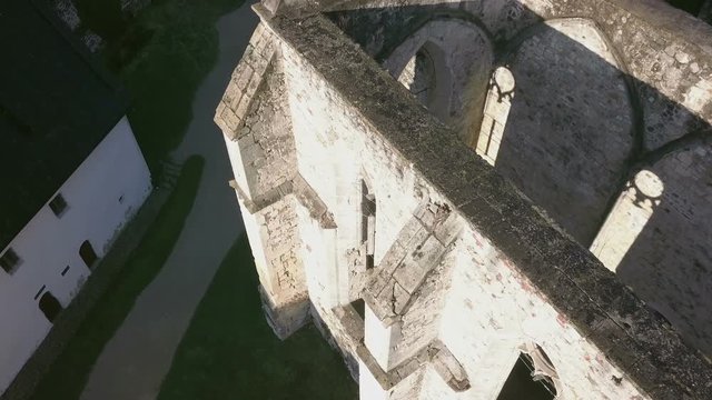 LOCE, SLOVENIA, 2019.01.25: Aerial: Ancient ruins of Zice monastery. Filming remainings of ancient French monastery on beautiful sunny winter morning.