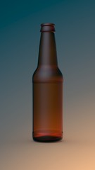 Empty brown transparent beer bottle isolated on gradient background. 3D render