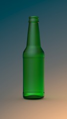 Empty green transparent beer bottle isolated on gradient background. 3D render