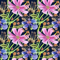 Tuinposter Seamless pattern with pink, blue flower and floral elements on a dark blue background. © Evgeniia
