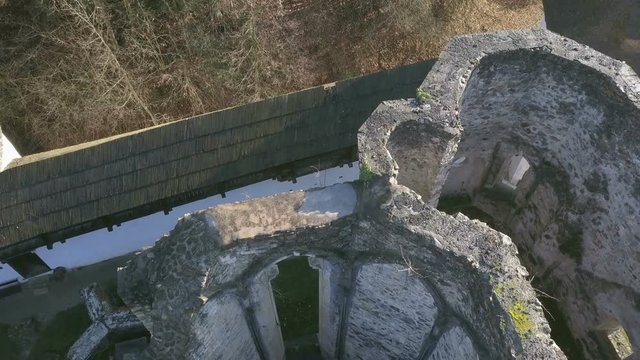 LOCE, SLOVENIA, 2019.01.25: Aerial: Ancient ruins of Zice monastery. Filming remainings of ancient French monastery on beautiful sunny winter morning.
