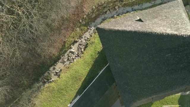 LOCE, SLOVENIA, 2019.01.25: Aerial: Flying over remainings of Zice monastery. Filming remainings of ancient French monastery Zicka kartuzija on beautiful sunny winter morning.