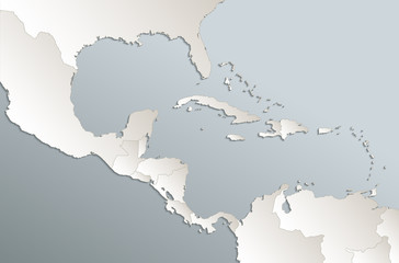 Caribbean islands, Central America map,  separate states, card blue white 3D raster blank