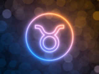 glowing neon sign of taurus with blurred bokeh background. 3d illustration