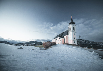 Fototapeta na wymiar Church on a mountain in lower austria höflein during sunset