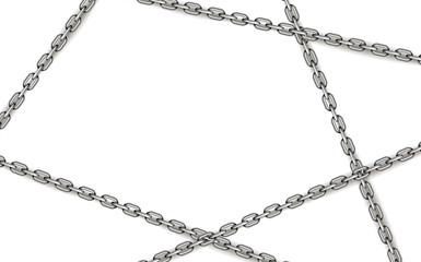 Glossy silver metal crossed chains on white background