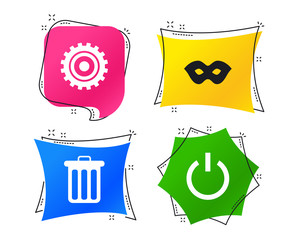 Anonymous mask and cogwheel gear icons. Recycle bin delete and power sign symbols. Geometric colorful tags. Banners with flat icons. Trendy design. Vector