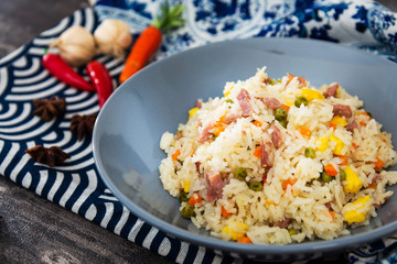 Cantonese fried basmati rice with ham and eggs
