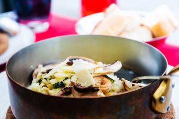 risotto with fresh cream, salted chicken, rehydrated ceps and mushrooms